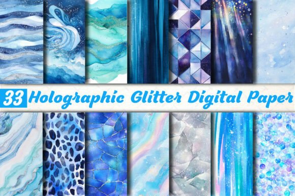 Blue Holographic Glitter Digital Paper for Modern Creators