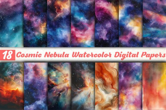 Cosmic Nebula Watercolor Digital Papers for Stellar Designs