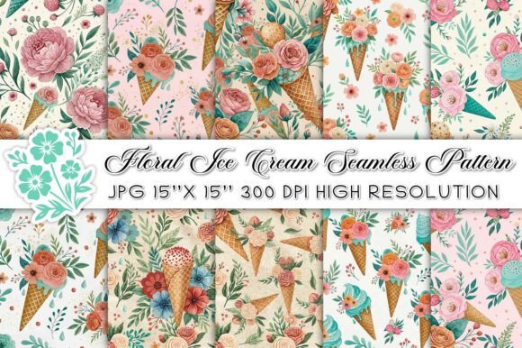 Ice Cream Floral Seamless Backgrounds: Sweet Design Assets